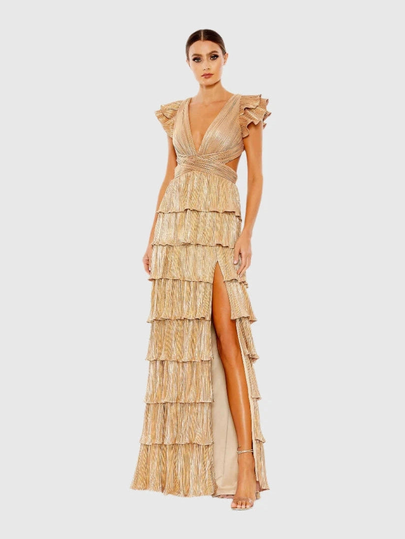 Ruffle Tiered Criss Cross Lace Up Gown