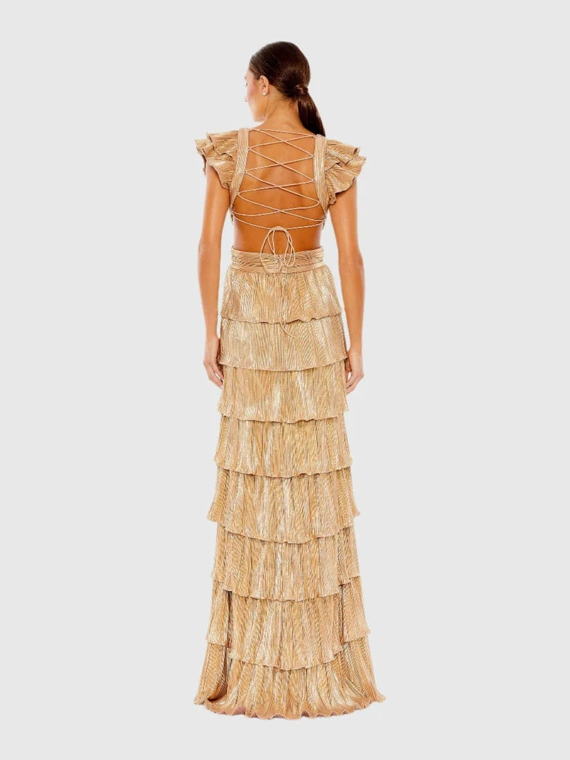 Ruffle Tiered Criss Cross Lace Up Gown