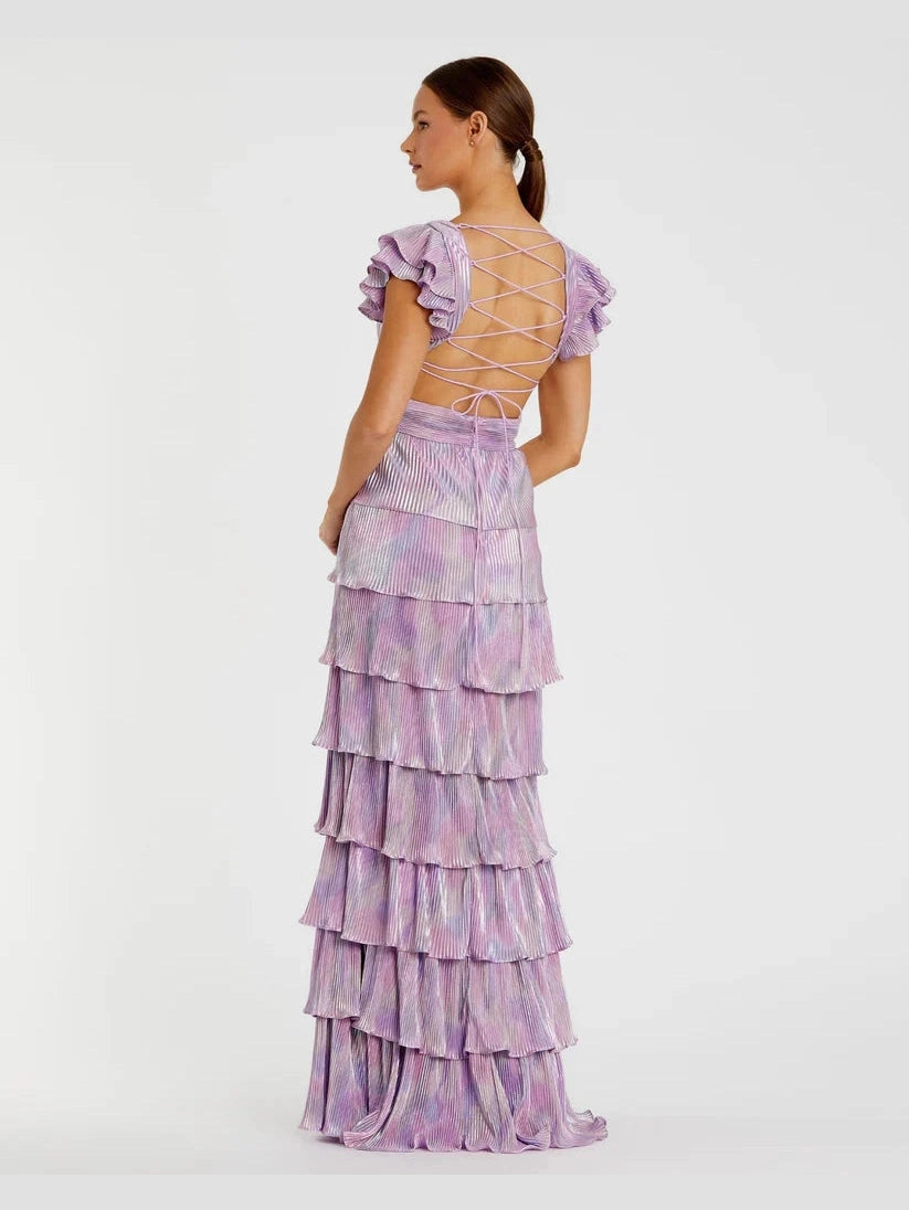 Ruffle Tiered Criss Cross Lace Up Gown