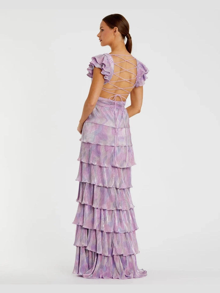 Ruffle Tiered Criss Cross Lace Up Gown