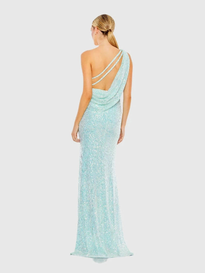 Sequined One Shoulder Draped Back Gown