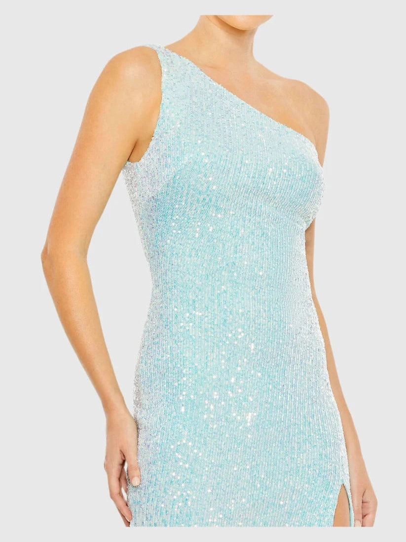 Sequined One Shoulder Draped Back Gown