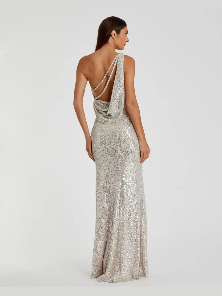 Sequined One Shoulder Draped Back Gown