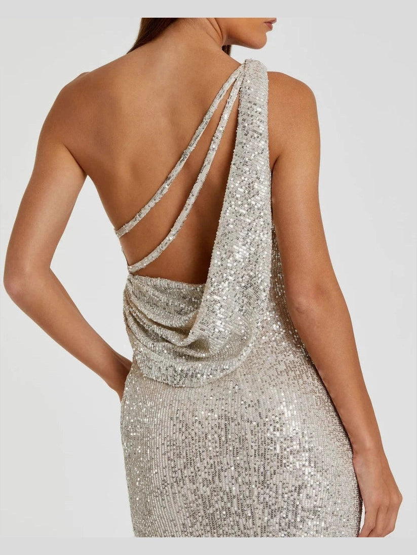 Sequined One Shoulder Draped Back Gown