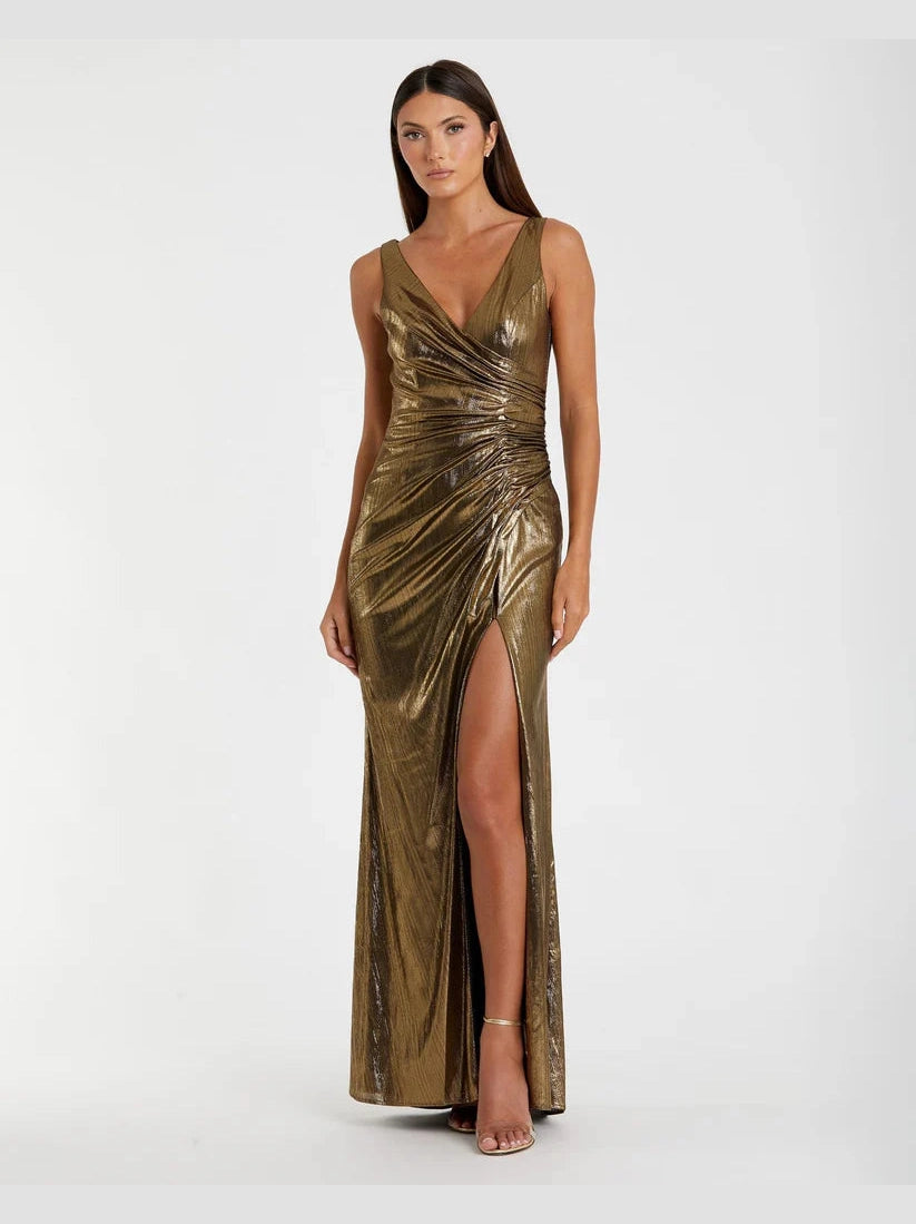 Ruched Front Slip V-Neck Gown