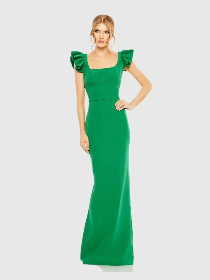Ruffle Cap Sleeve Open Back Column Gown