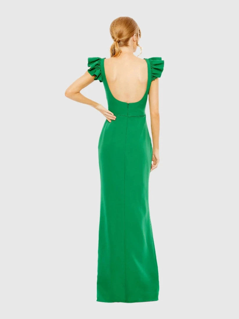 Ruffle Cap Sleeve Open Back Column Gown