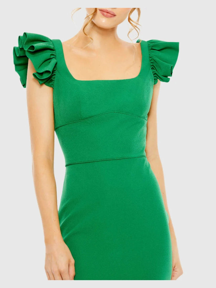 Ruffle Cap Sleeve Open Back Column Gown