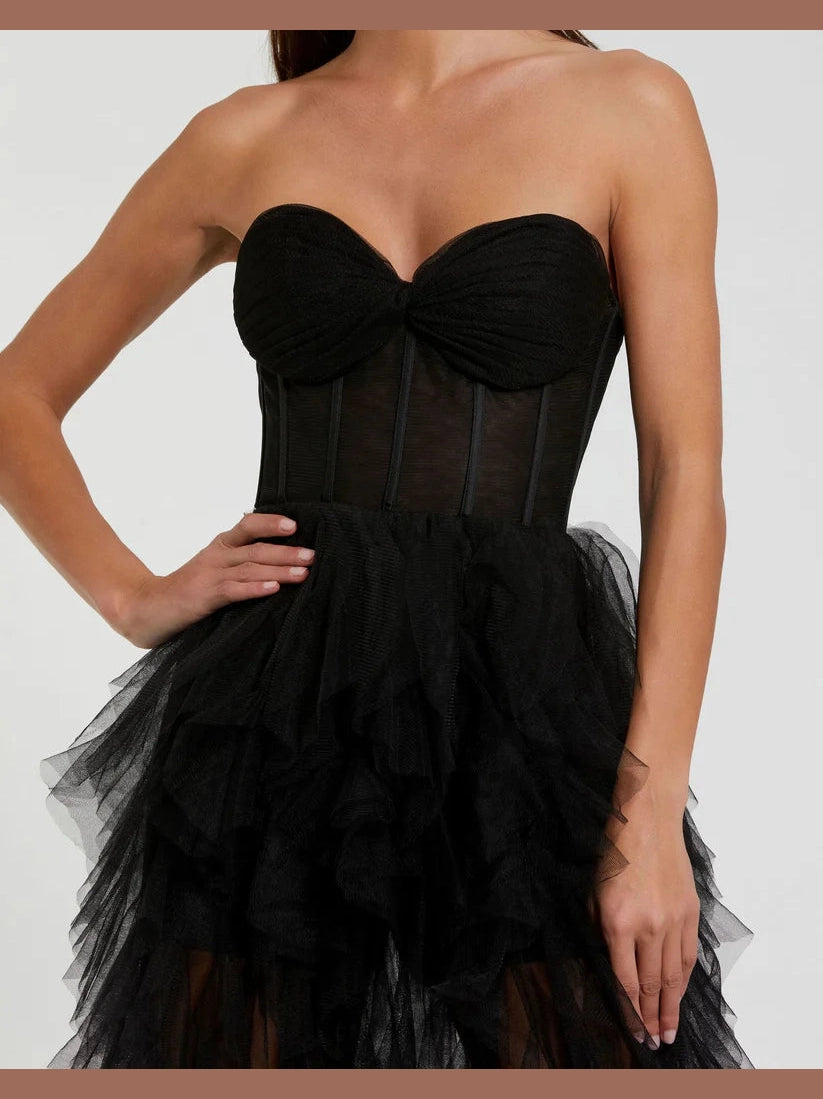Strapless Bustier Net Gown With Spiral Ruffles