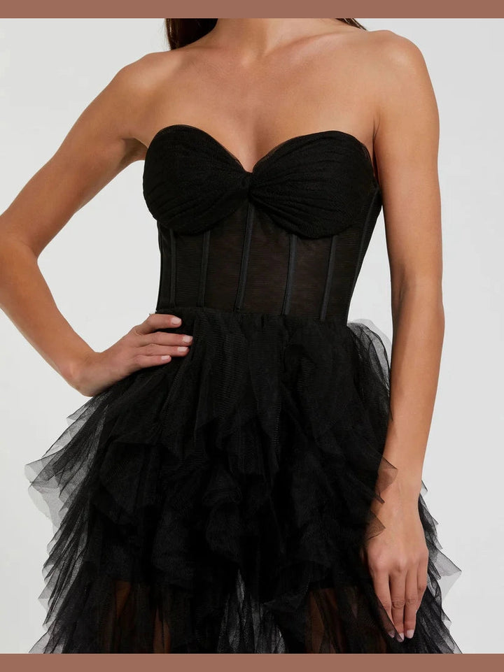 Strapless Bustier Net Gown With Spiral Ruffles