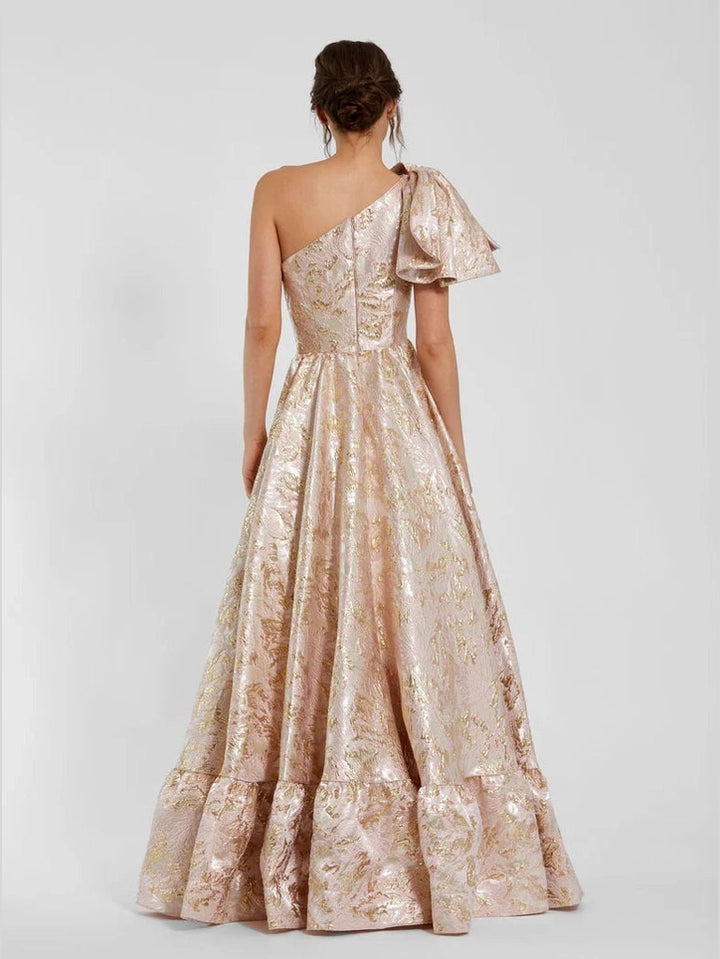 Floral Brocade One Shoulder High Low Gown With Bow