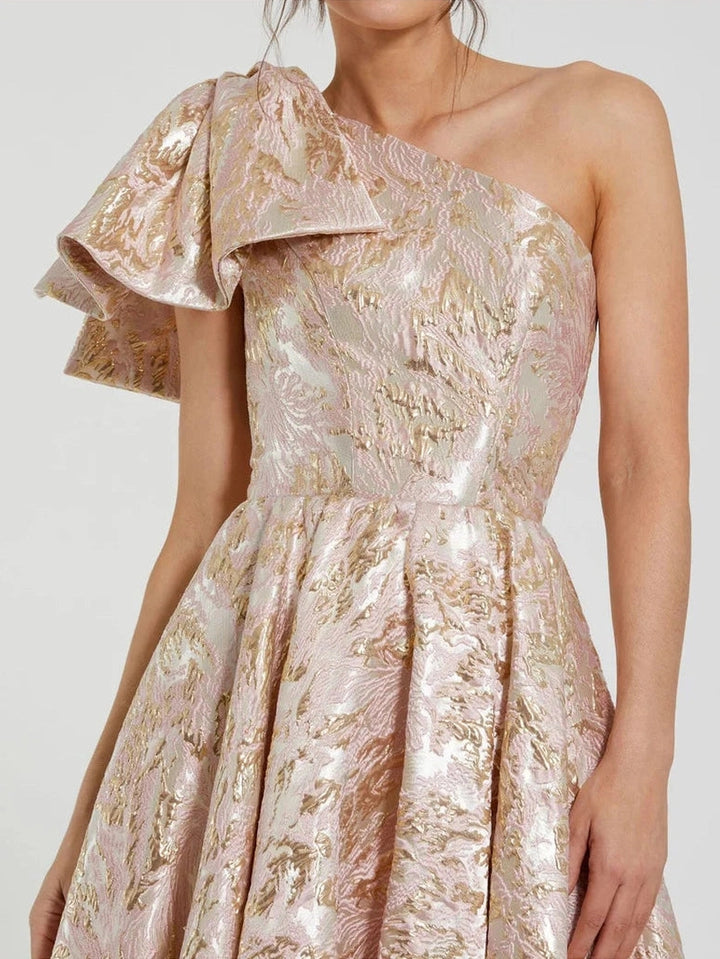 Floral Brocade One Shoulder High Low Gown With Bow