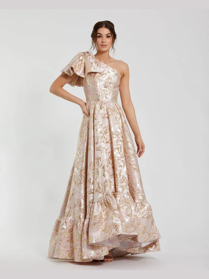 Floral Brocade One Shoulder High Low Gown With Bow