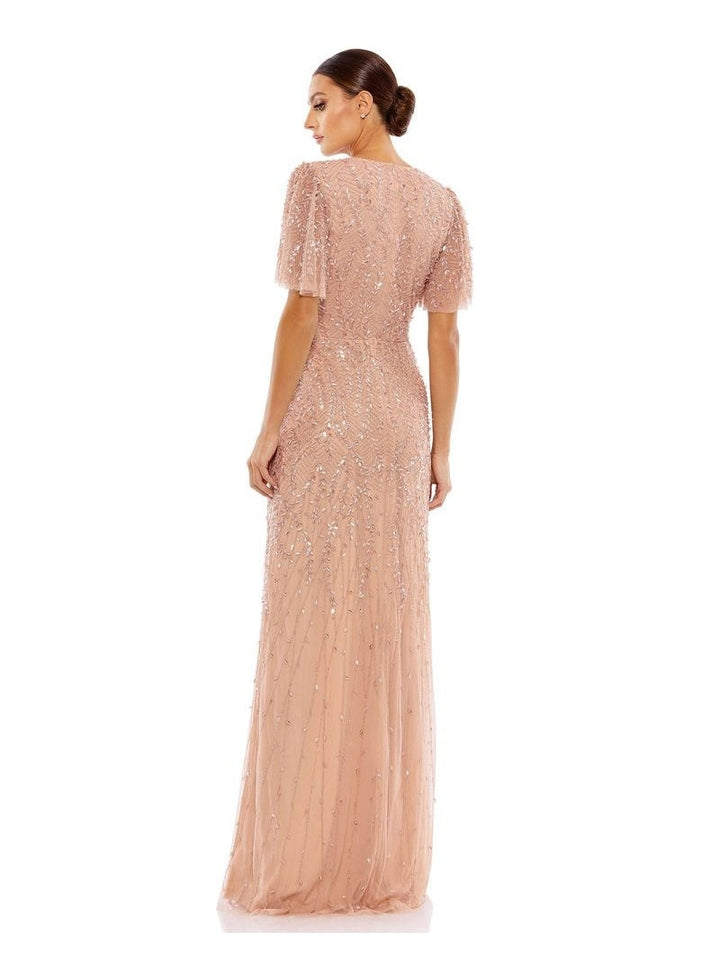 Beaded Wrap Over Butterfly Sleeve Column Gown