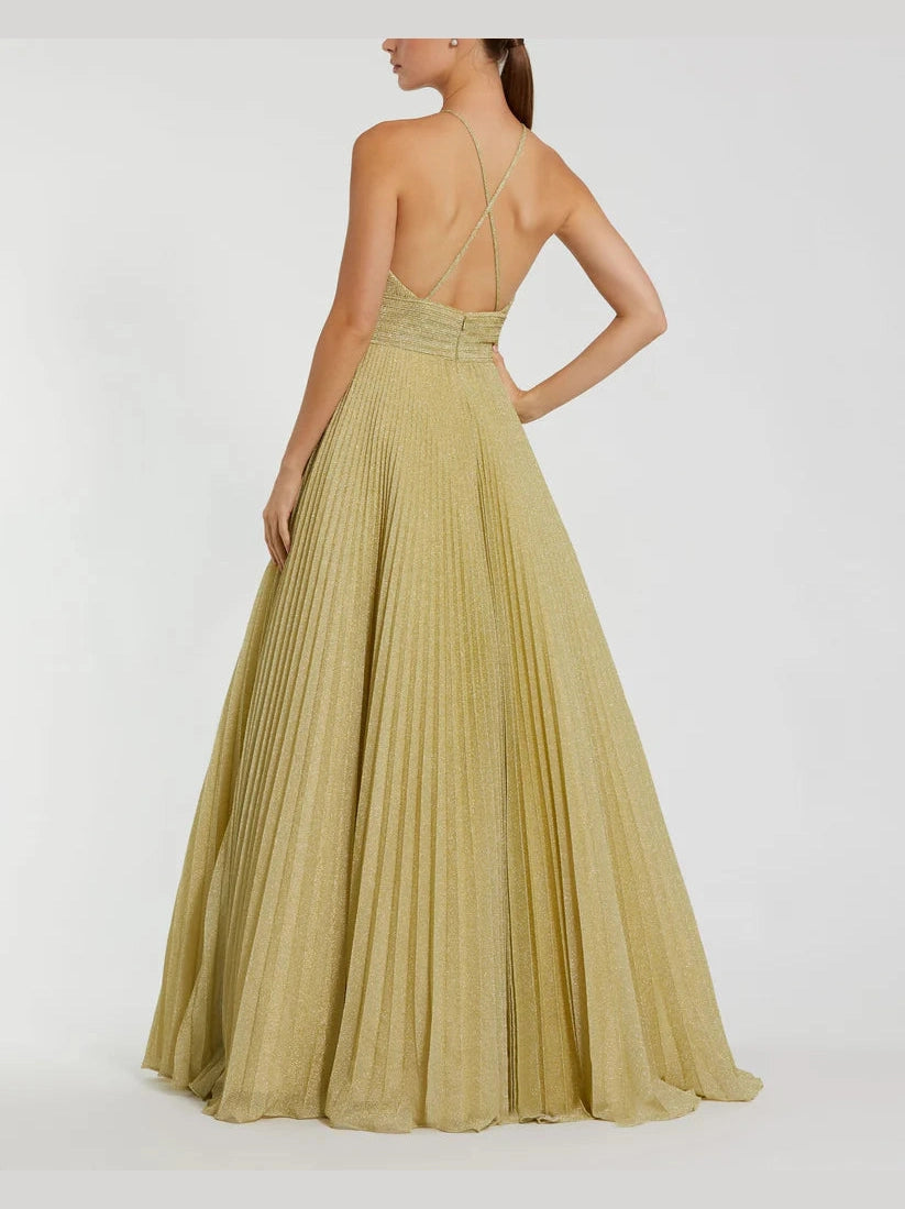 Shimmering Pleated High Neck Gown