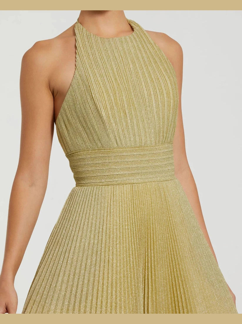 Shimmering Pleated High Neck Gown