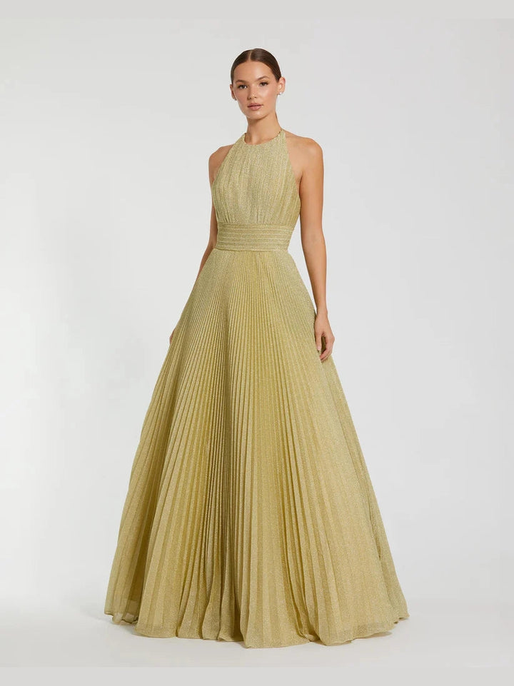 Shimmering Pleated High Neck Gown
