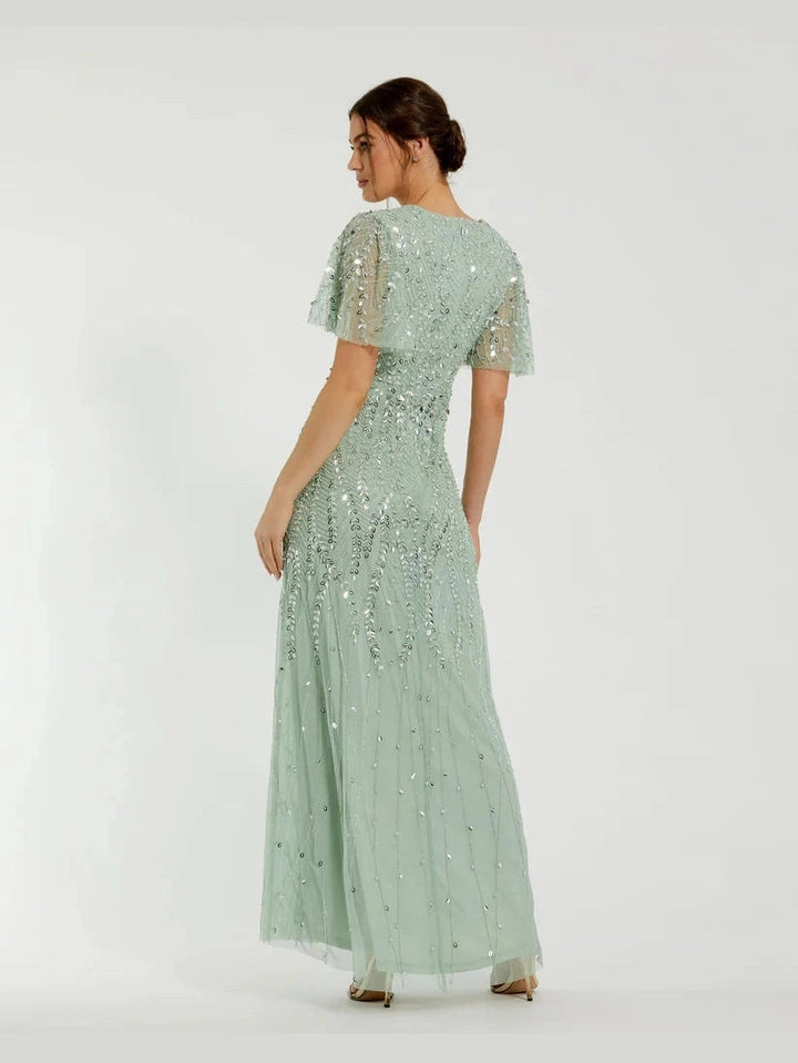 Beaded Wrap Over Butterfly Sleeve Column Gown