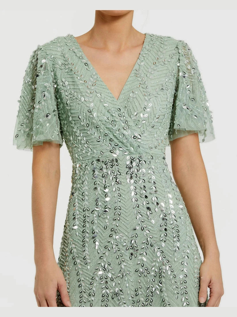 Beaded Wrap Over Butterfly Sleeve Column Gown