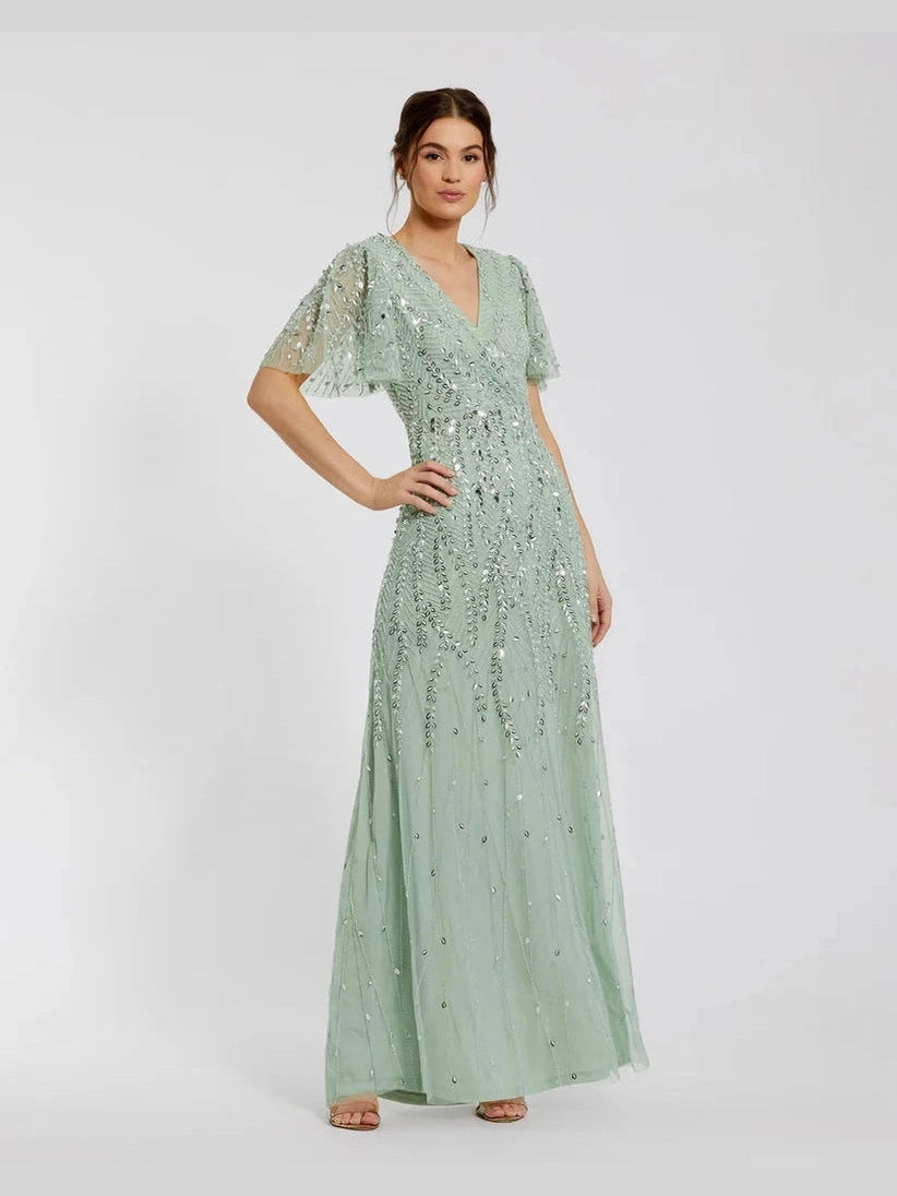 Beaded Wrap Over Butterfly Sleeve Column Gown