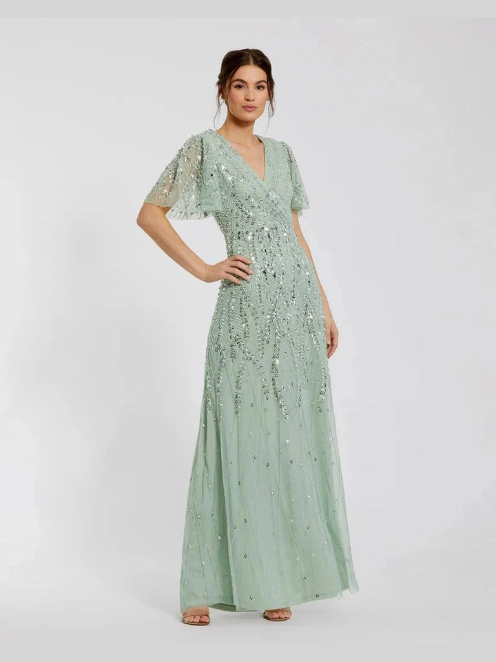 Beaded Wrap Over Butterfly Sleeve Column Gown