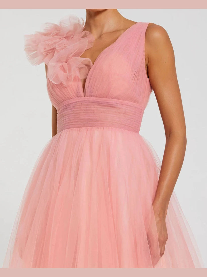 Ruffle Shoulder V Neck Ombre Tulle Ballgown