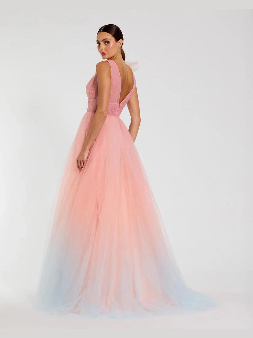Ruffle Shoulder V Neck Ombre Tulle Ballgown