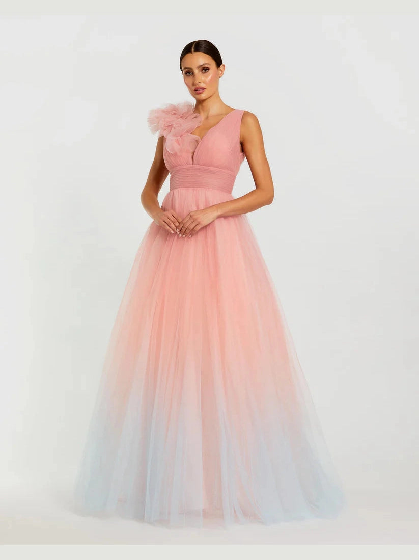 Ruffle Shoulder V Neck Ombre Tulle Ballgown