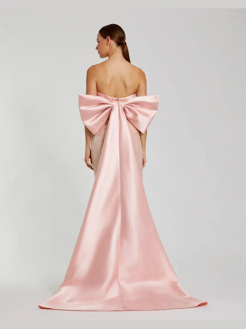 Strapless Embellished Gown With Back Bow Detail