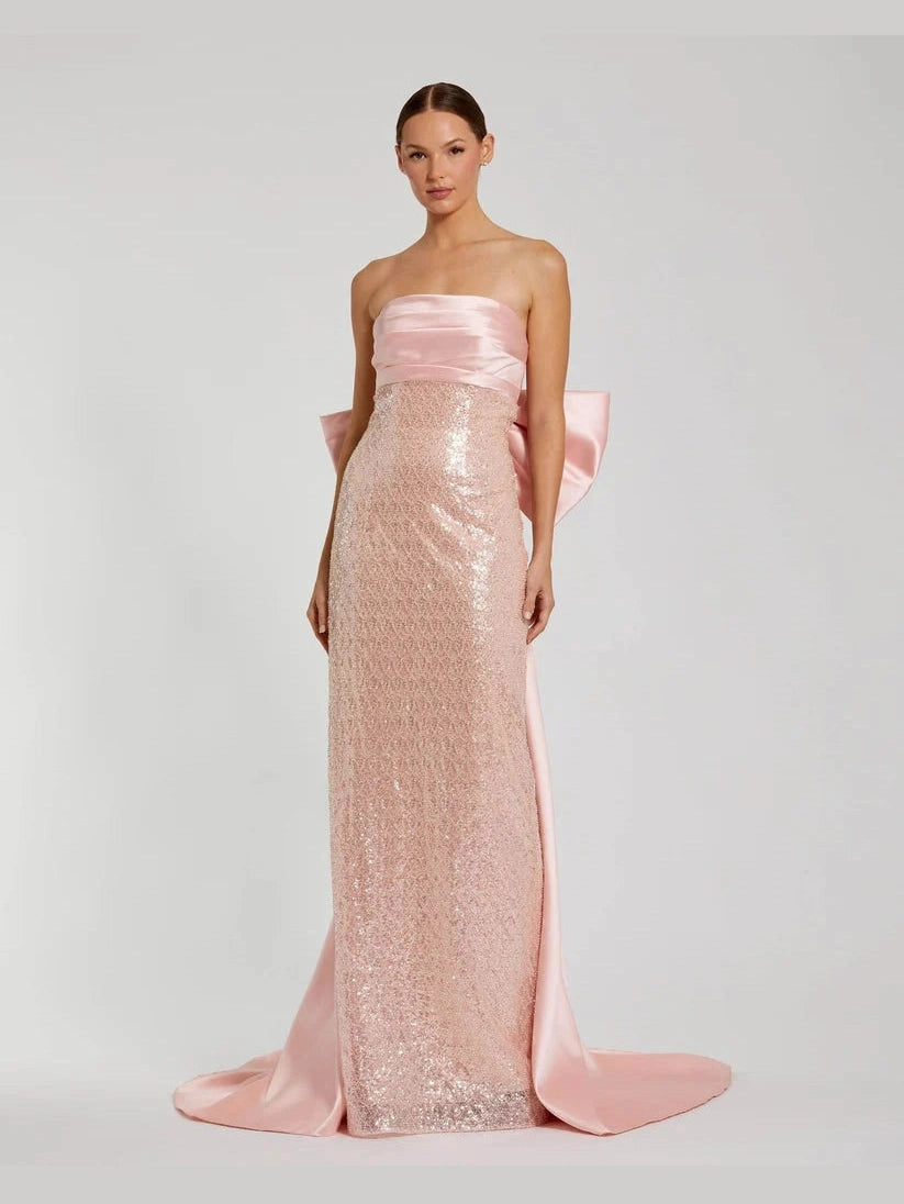 Strapless Embellished Gown With Back Bow Detail