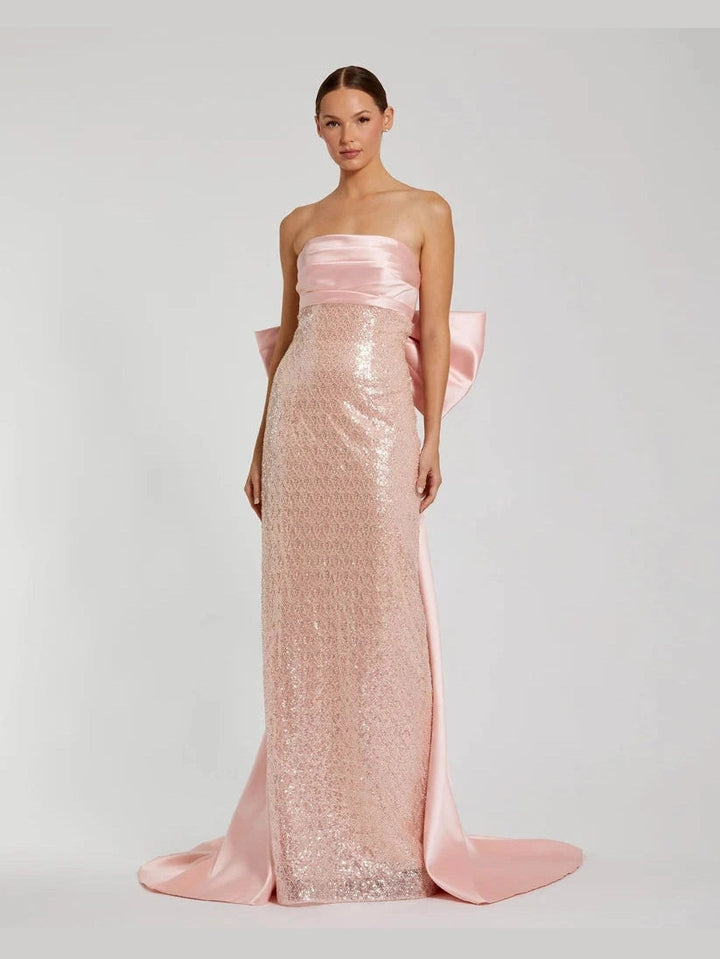 Strapless Embellished Gown With Back Bow Detail
