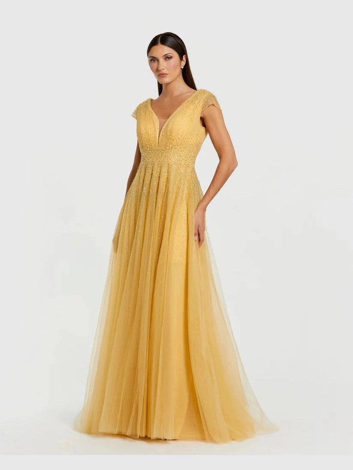 Embellished Tulle Cap Sleeve V Neck Gown