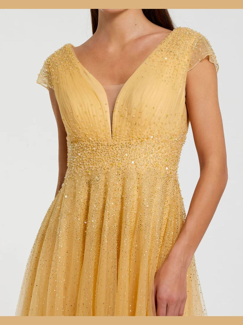 Embellished Tulle Cap Sleeve V Neck Gown