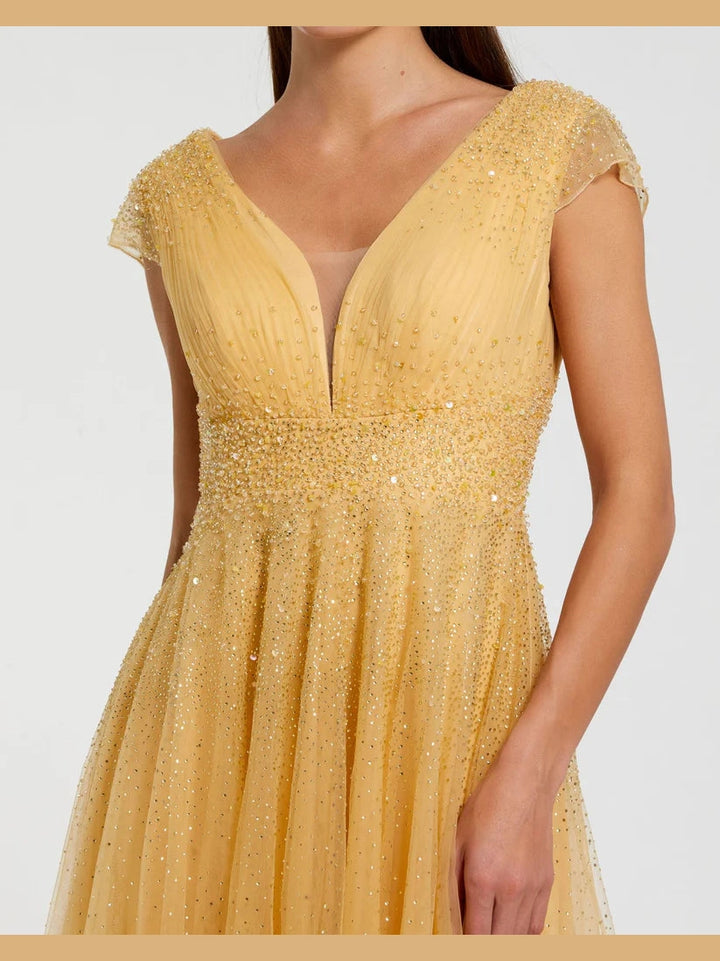Embellished Tulle Cap Sleeve V Neck Gown
