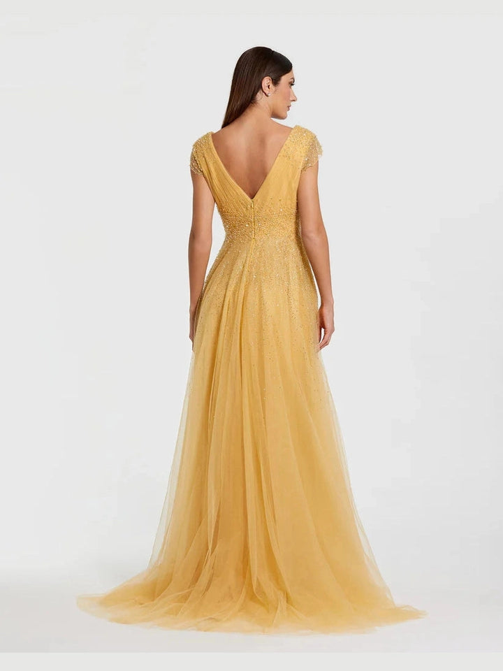 Embellished Tulle Cap Sleeve V Neck Gown