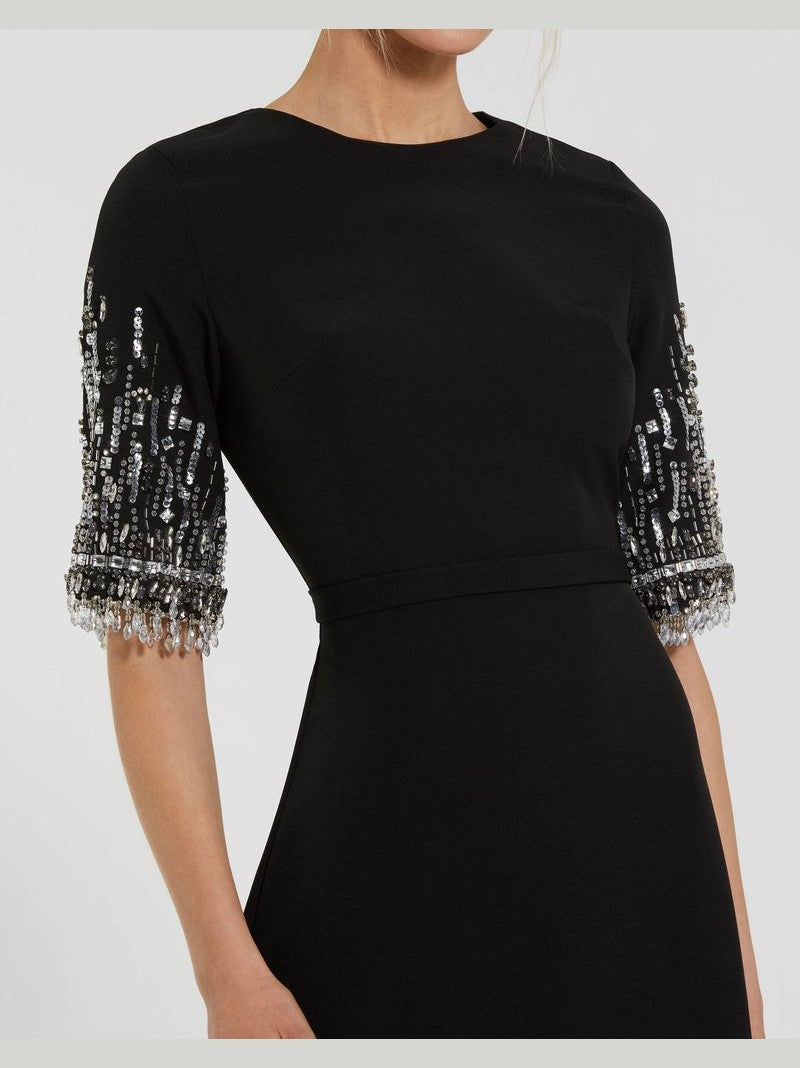 Crepe A Line Gown With Beaded 3/4 Sleeves