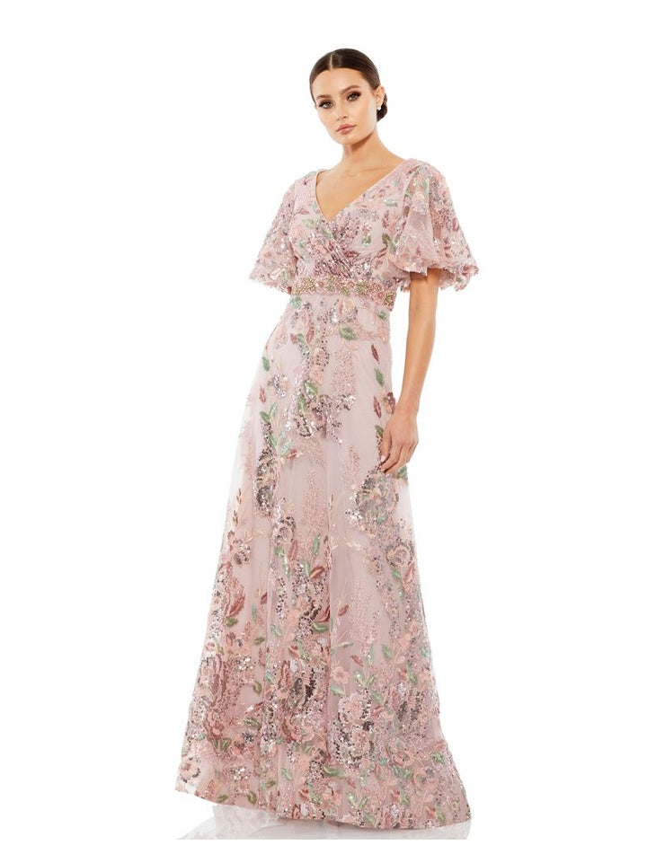 Floral Embellished Short Sleeve Gown