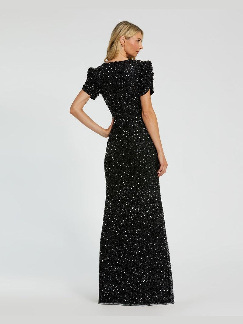 Gathered Short Sleeve Beaded Gown