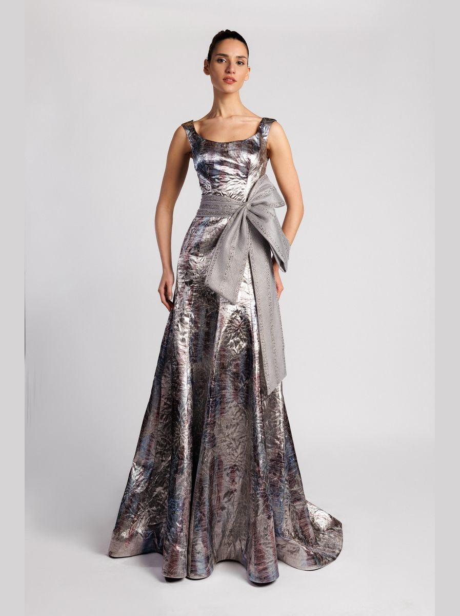 A-Line Evening Dress with Embroidered Waist and Bow