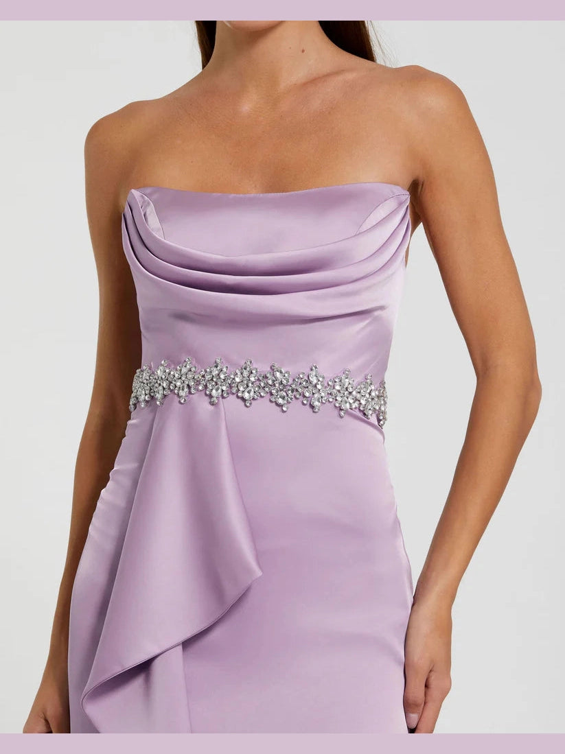 Strapless Satin Gown With Embellished Belt Detail