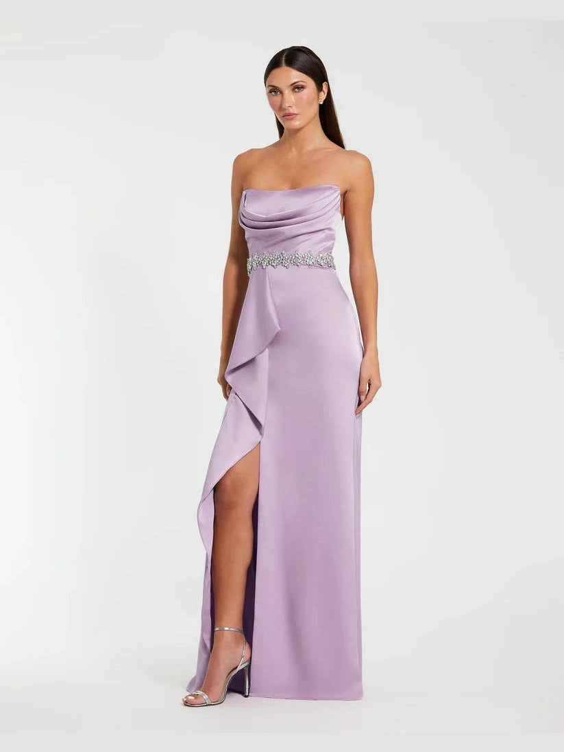 Strapless Satin Gown With Embellished Belt Detail