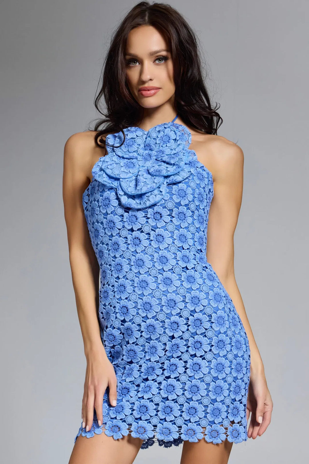 Halter Blue Lace Mini Dress With 3D Floral Appliqué