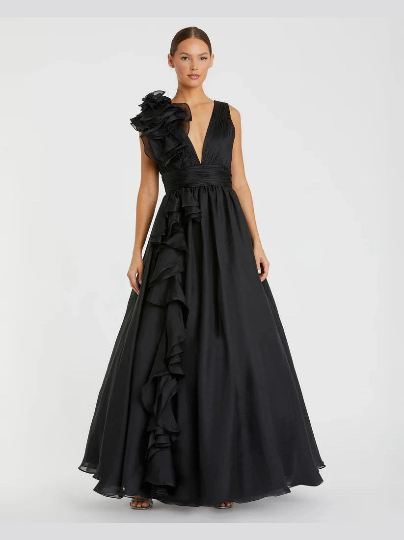 Ruffle Shoulder V-Neck Chiffon Gown
