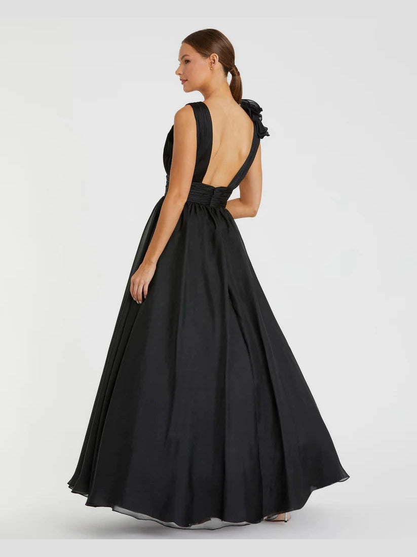 Ruffle Shoulder V-Neck Chiffon Gown