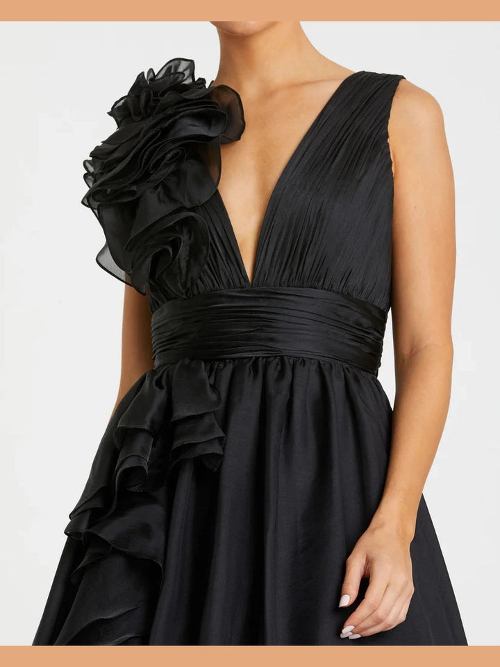 Ruffle Shoulder V-Neck Chiffon Gown