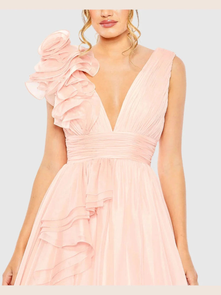 Ruffle Shoulder V-Neck Chiffon Gown