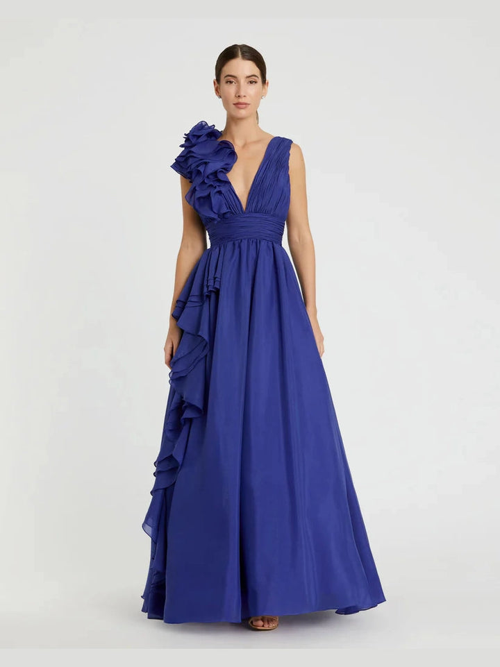 Ruffle Shoulder V-Neck Chiffon Gown