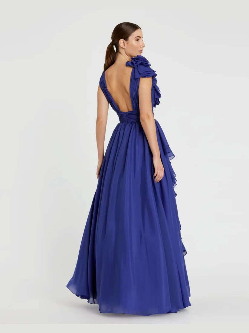 Ruffle Shoulder V-Neck Chiffon Gown