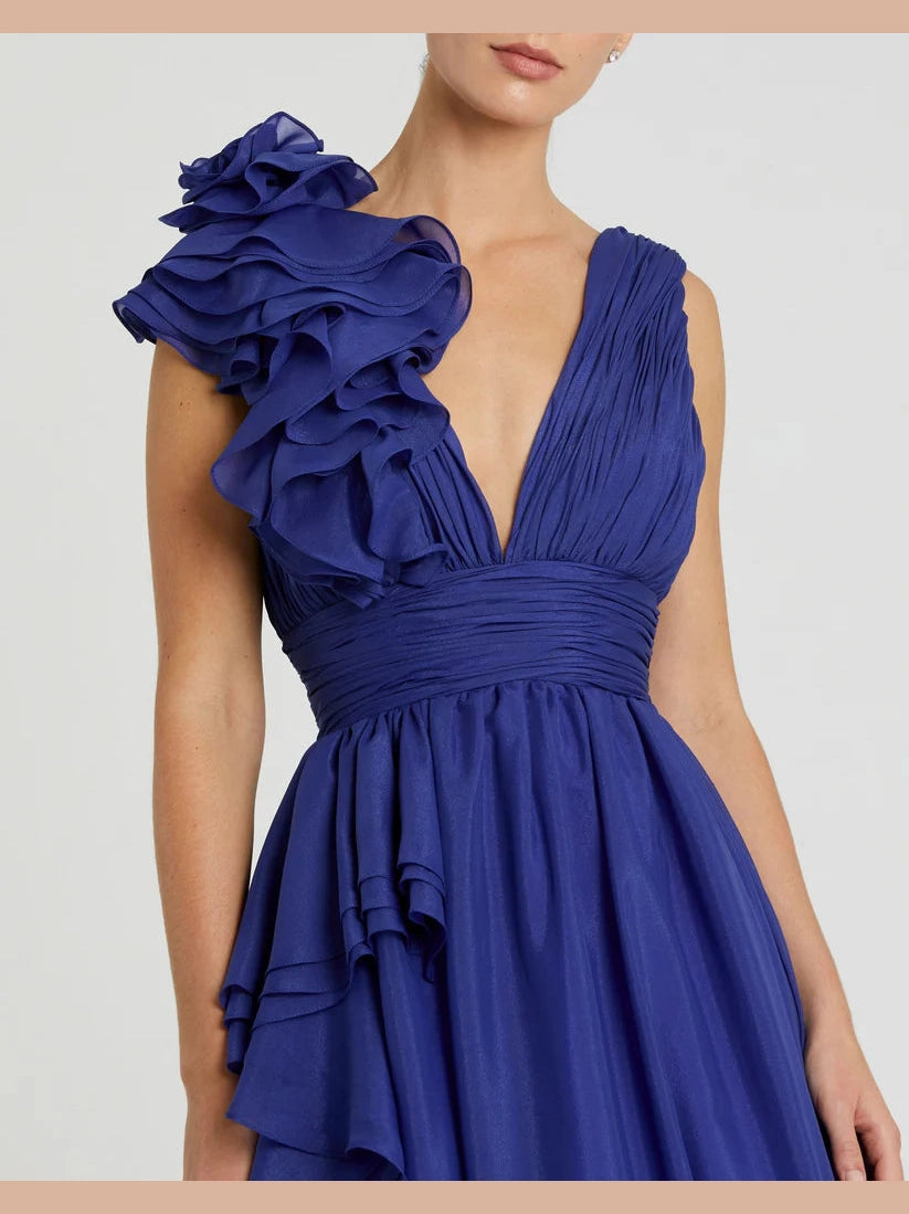 Ruffle Shoulder V-Neck Chiffon Gown