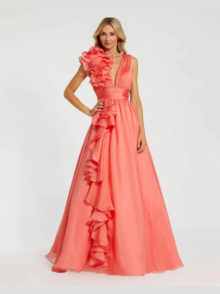 Ruffle Shoulder V-Neck Chiffon Gown